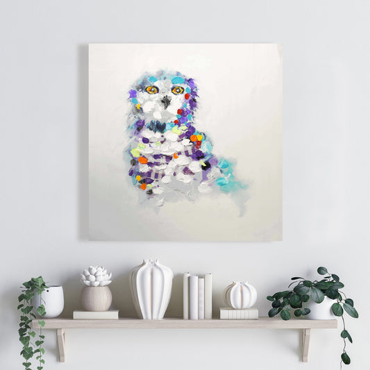 Toile abstraite représentant un hibou - Décoration artistique contemporaine violette