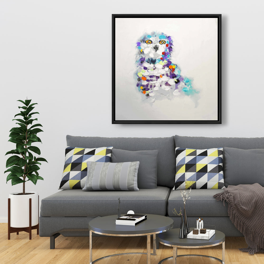 Toile encadrée « Chouette abstraite » | Décoration d'intérieur avec animaux et oiseaux violets