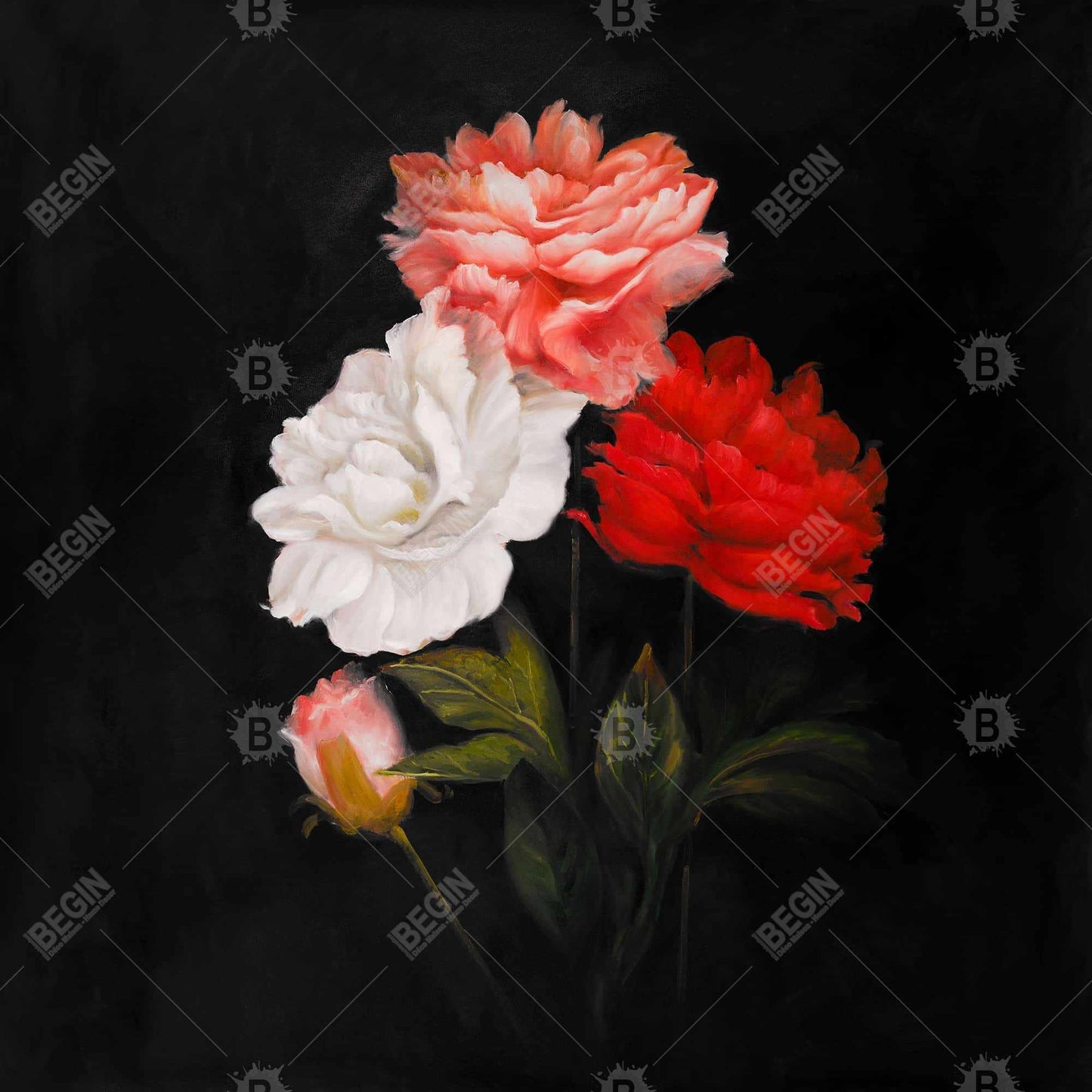 Small Bundle of Roses | Botanical Black Canvas for Home Decor