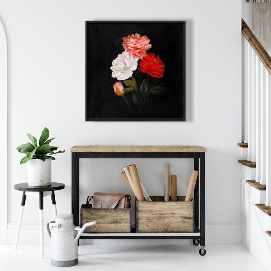 Toile encadrée noire romantique - Décor petit bouquet de roses