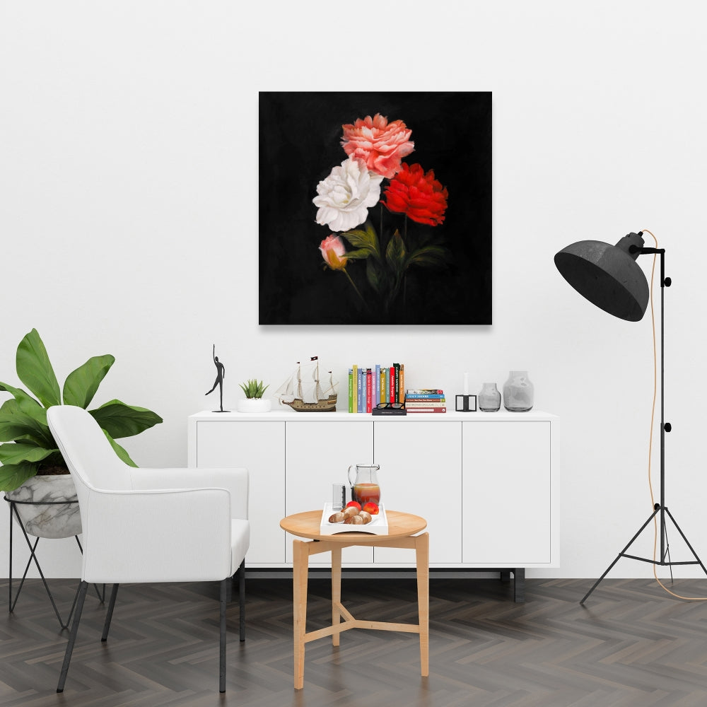 Small Bundle of Roses | Botanical Black Canvas for Home Decor