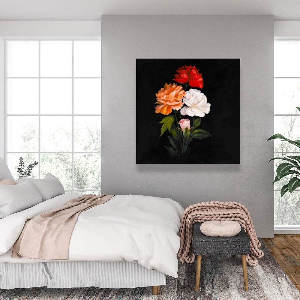 Romantic Black Floral Canvas - Three Beautiful Rose Flowers Decor