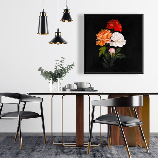 Toile encadrée noire pour chambre à coucher | Décoration florale à trois roses