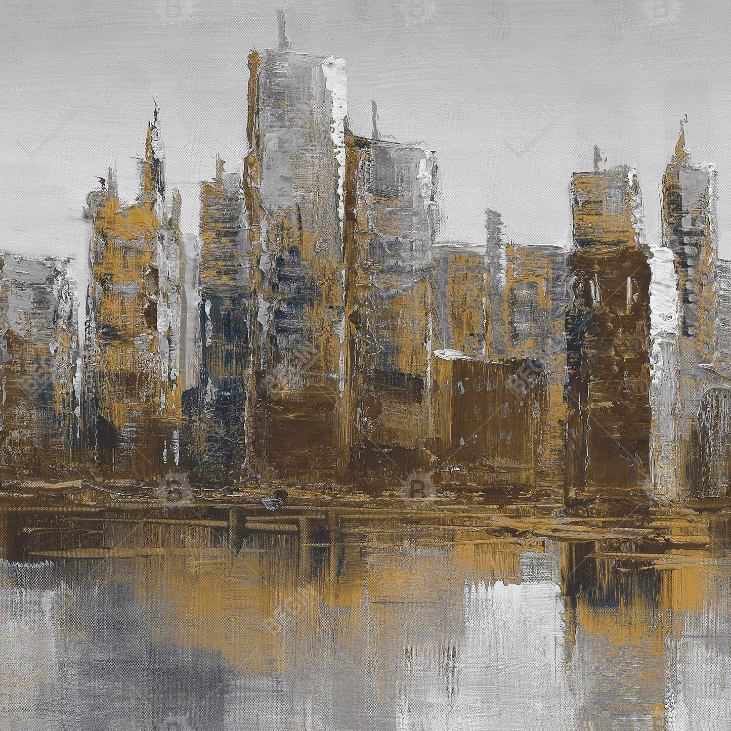 Gray and Yellow Cityscape Canvas | Brown Bedroom Decor