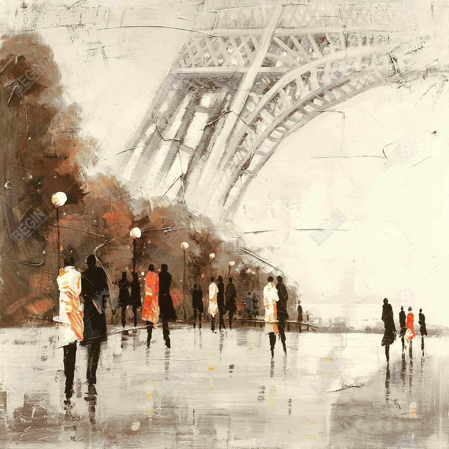 Toile de paysage de rue : Promenade de la Tour Eiffel, cadre de bâtiment marron