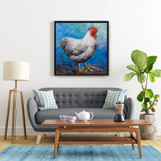 Grey Rooster Framed Canvas | Farm Animal Home Decor