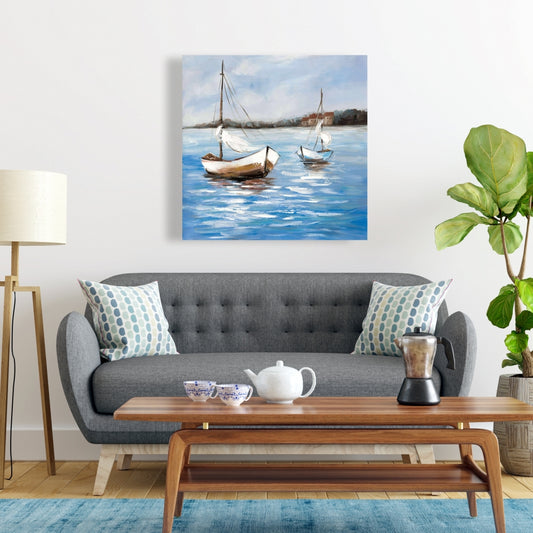 Blue Coastal Canvas - Two Boats on Water | Home Decor Art