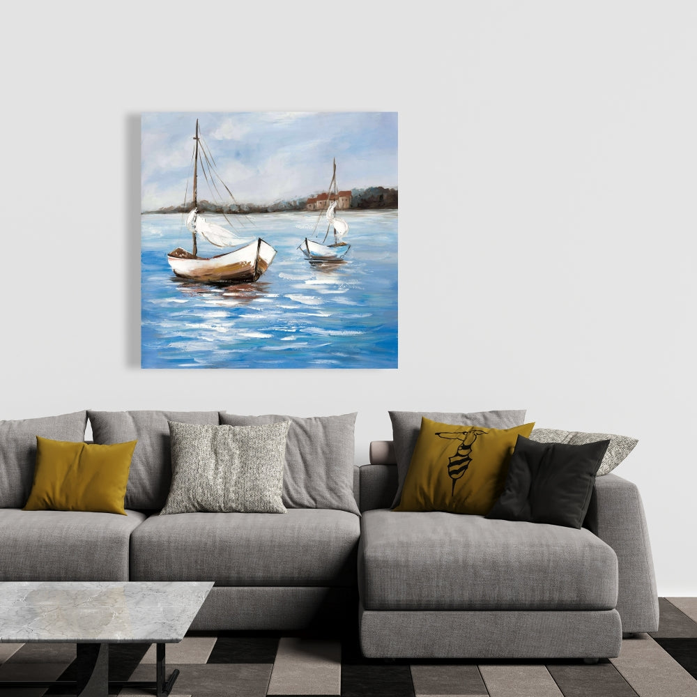 Blue Coastal Canvas - Two Boats on Water | Home Decor Art