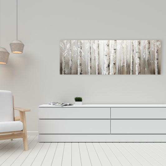 White Birches on Gray Canvas - Botanical Bedroom Wall Art
