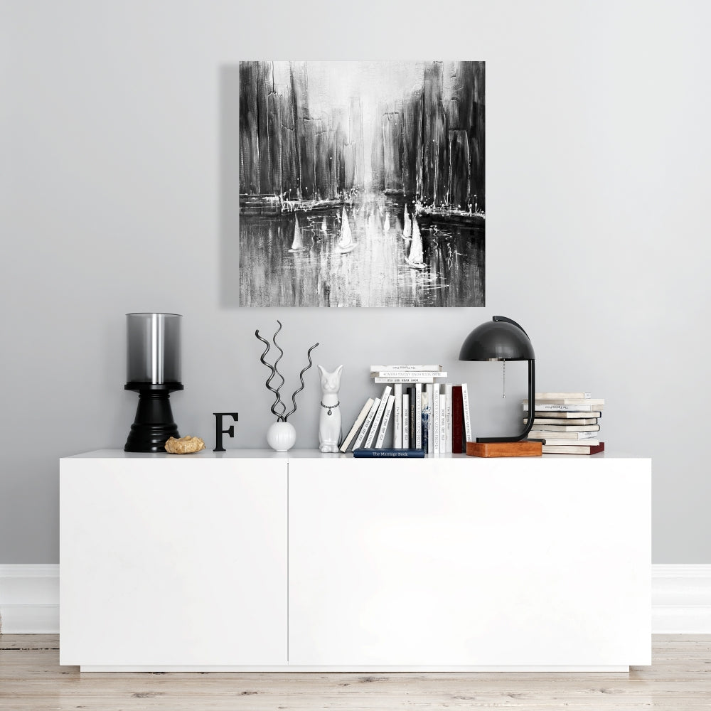 Coastal Bedroom White Canvas - Grayscale Boats Home Decor