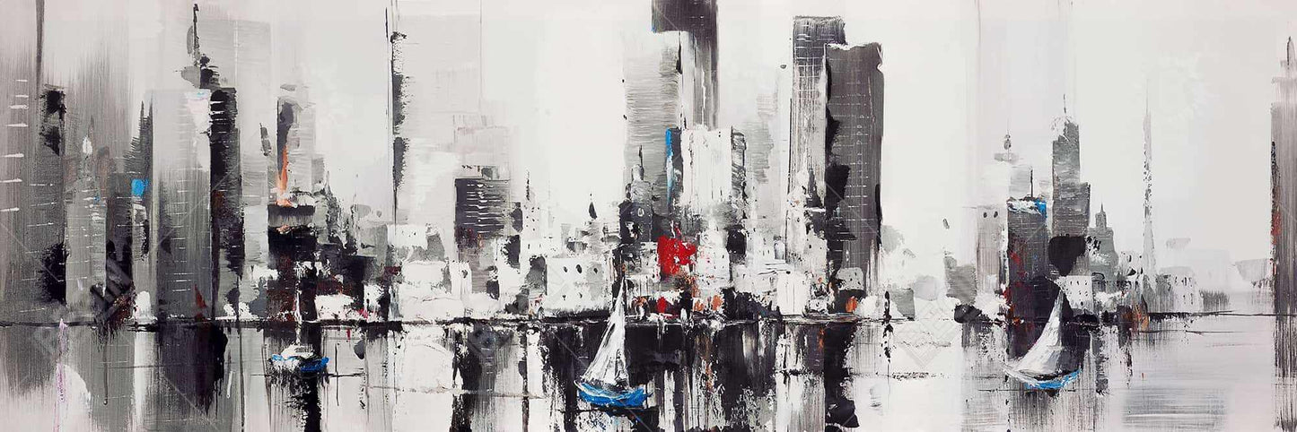Toile encadrée de bateaux abstraits et paysage urbain gris industriel
