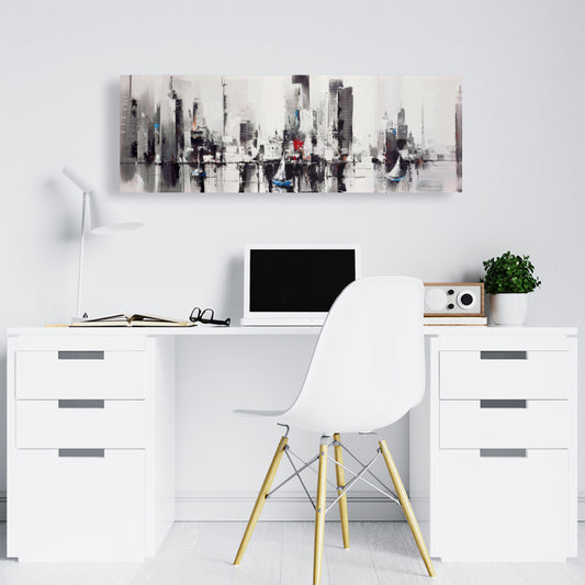 Toile abstraite de bateaux avec paysage urbain – Décor de villes grises