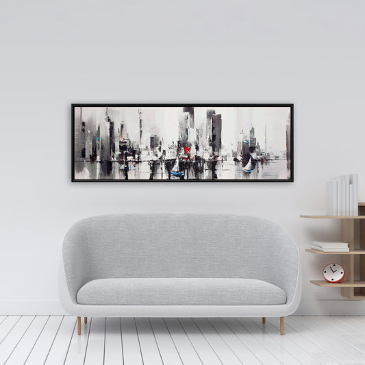 Toile encadrée de bateaux abstraits et paysage urbain gris industriel