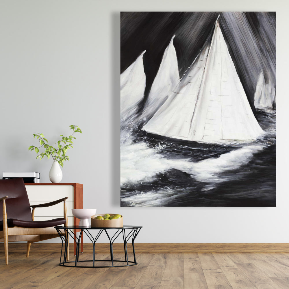 Coastal Boat White Canvas - Grayscale Boats in a Storm Decor
