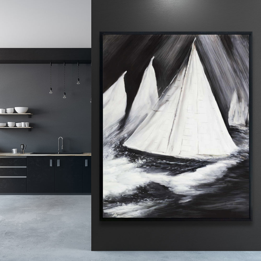 White Coastal Framed Canvas | Grayscale Boats in Storm Decor