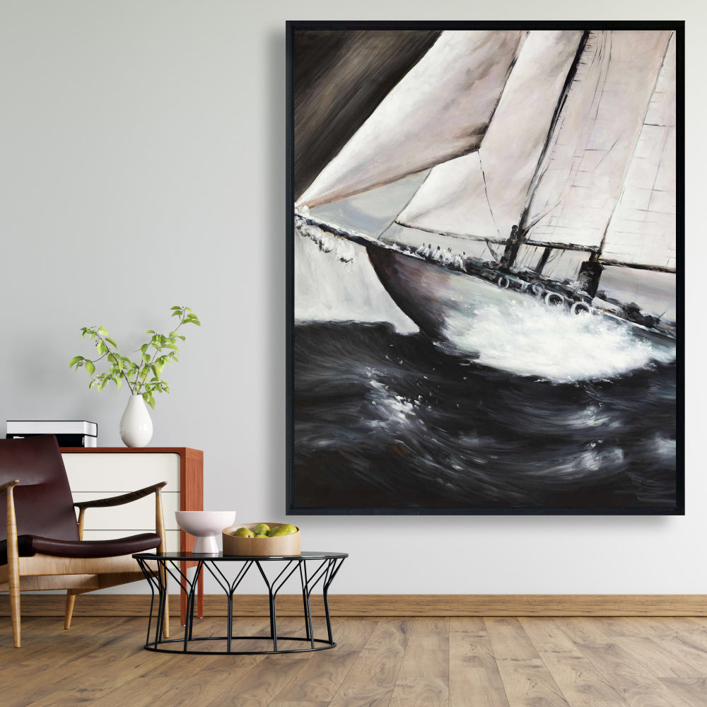 Coastal Brown Boat Framed Canvas - Boat in a Violent Storm