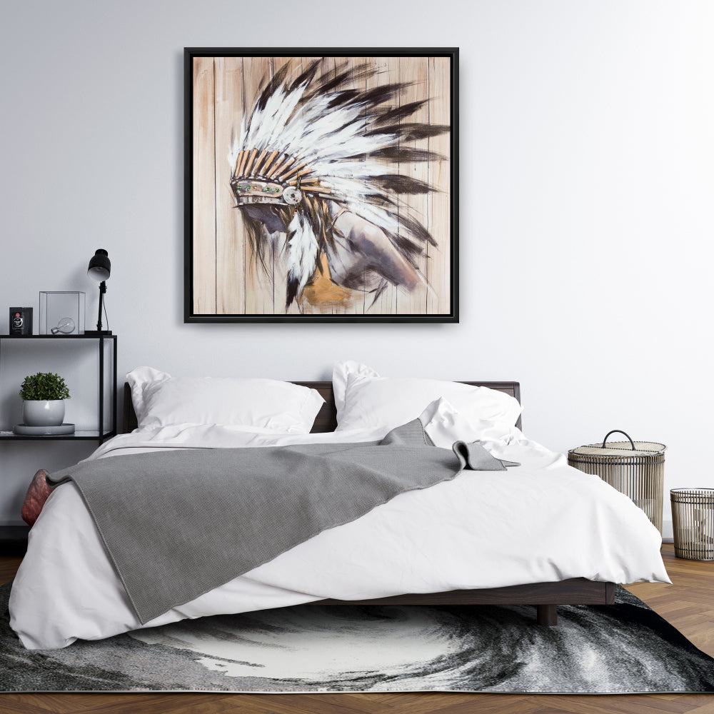 Toile « Indien avec plumes » | Décoration d'intérieur avec cadre blanc