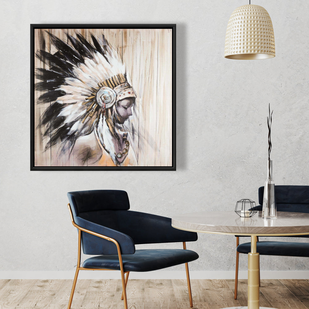 Toile représentant une coiffe de chef indien | Décoration murale marron pour chambre