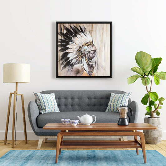 Toile représentant une coiffe de chef indien | Décoration murale marron pour chambre