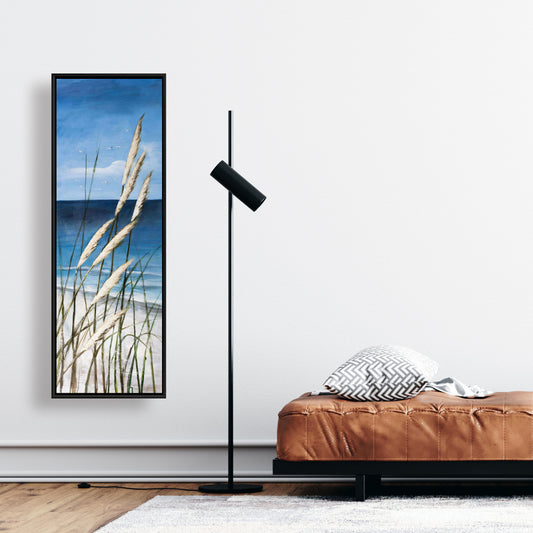 Toile encadrée bleue contemporaine côtière - Plage d'herbes sauvages