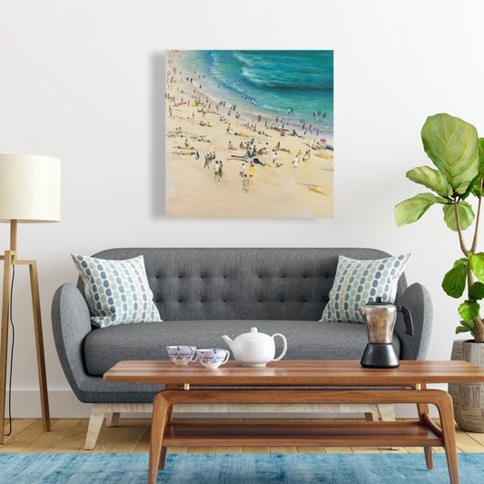 Toile turquoise – Foule estivale à la plage | Décoration d'intérieur