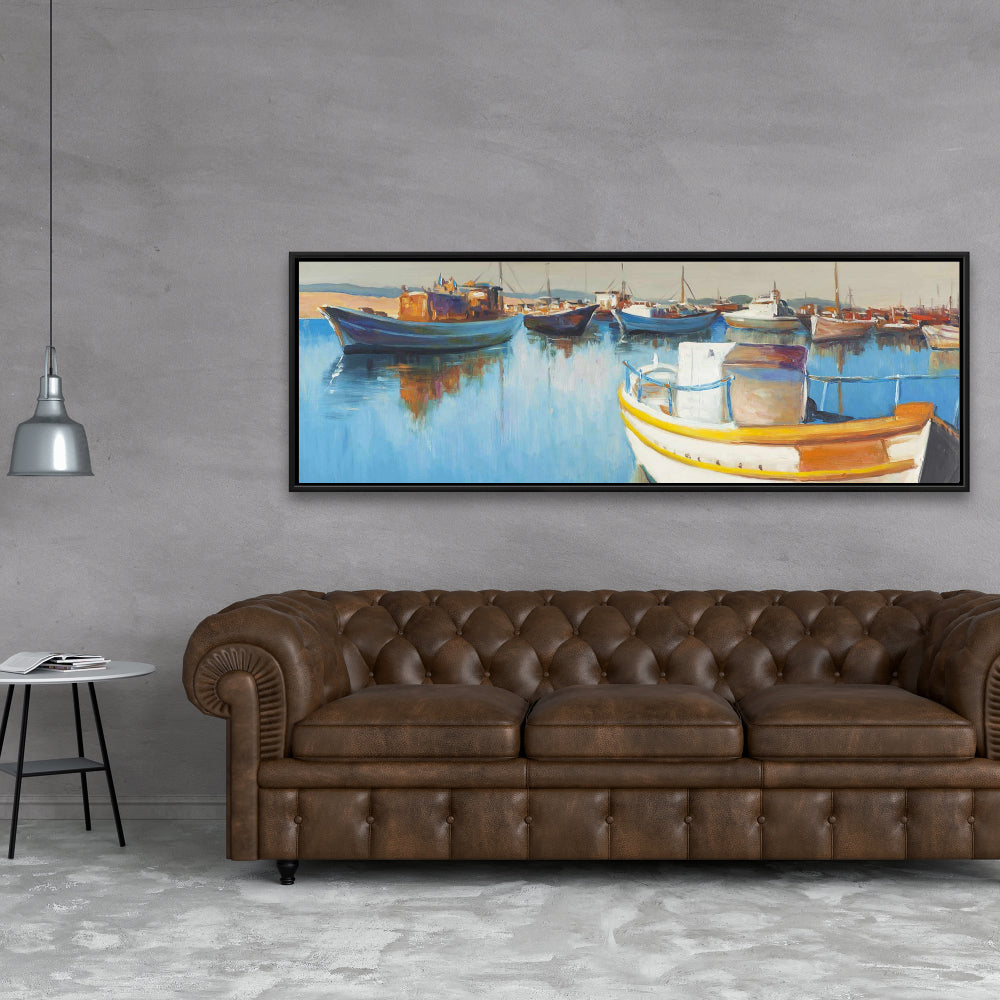 Fishing Boats at the Marina Canvas - Blue Framed Home Decor