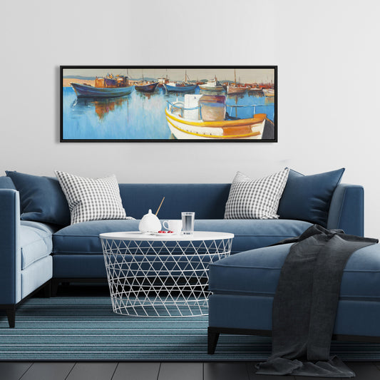 Toile « Bateaux de pêche à la marina » – Décoration d'intérieur encadrée bleue