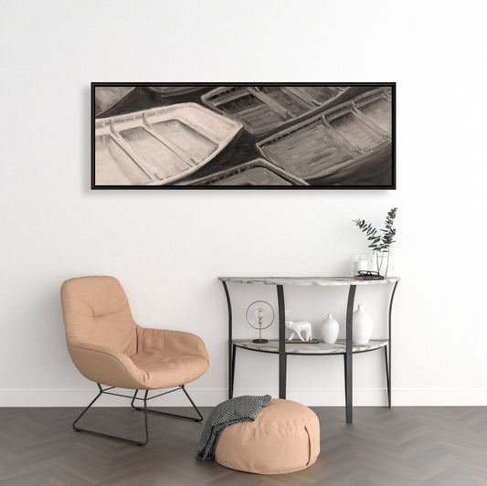 Petits canoës style sépia | Décoration d'intérieur sur toile représentant un bateau côtier