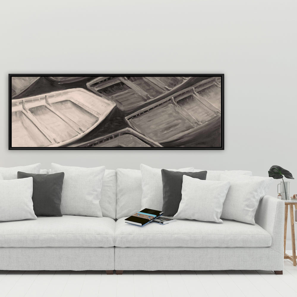 Small Canoes Sepia Style | Coastal Boat Canvas Home Decor