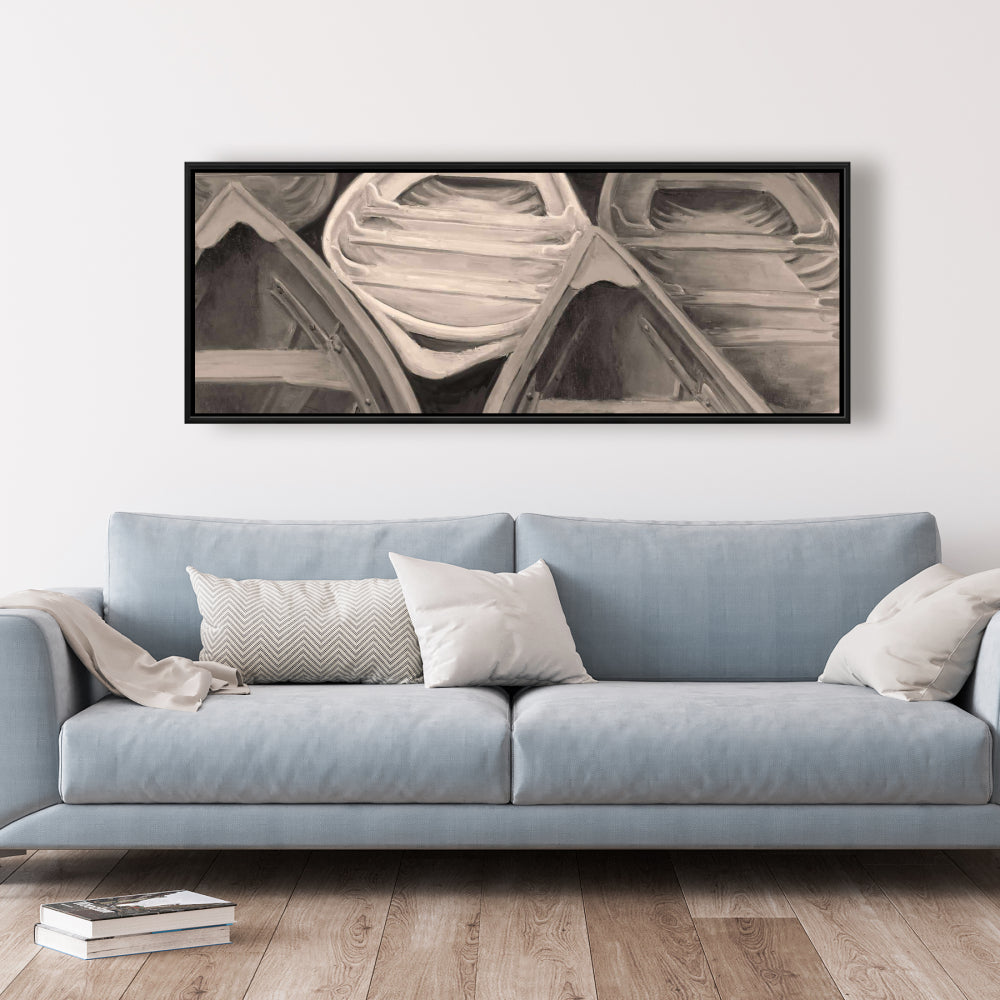 Sepia Canoes Bedroom Canvas | Brown Framed Boat Wall Art