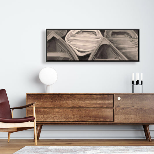 Toile de chambre à coucher « Canoës sépia » | Décoration murale encadrée marron représentant un bateau