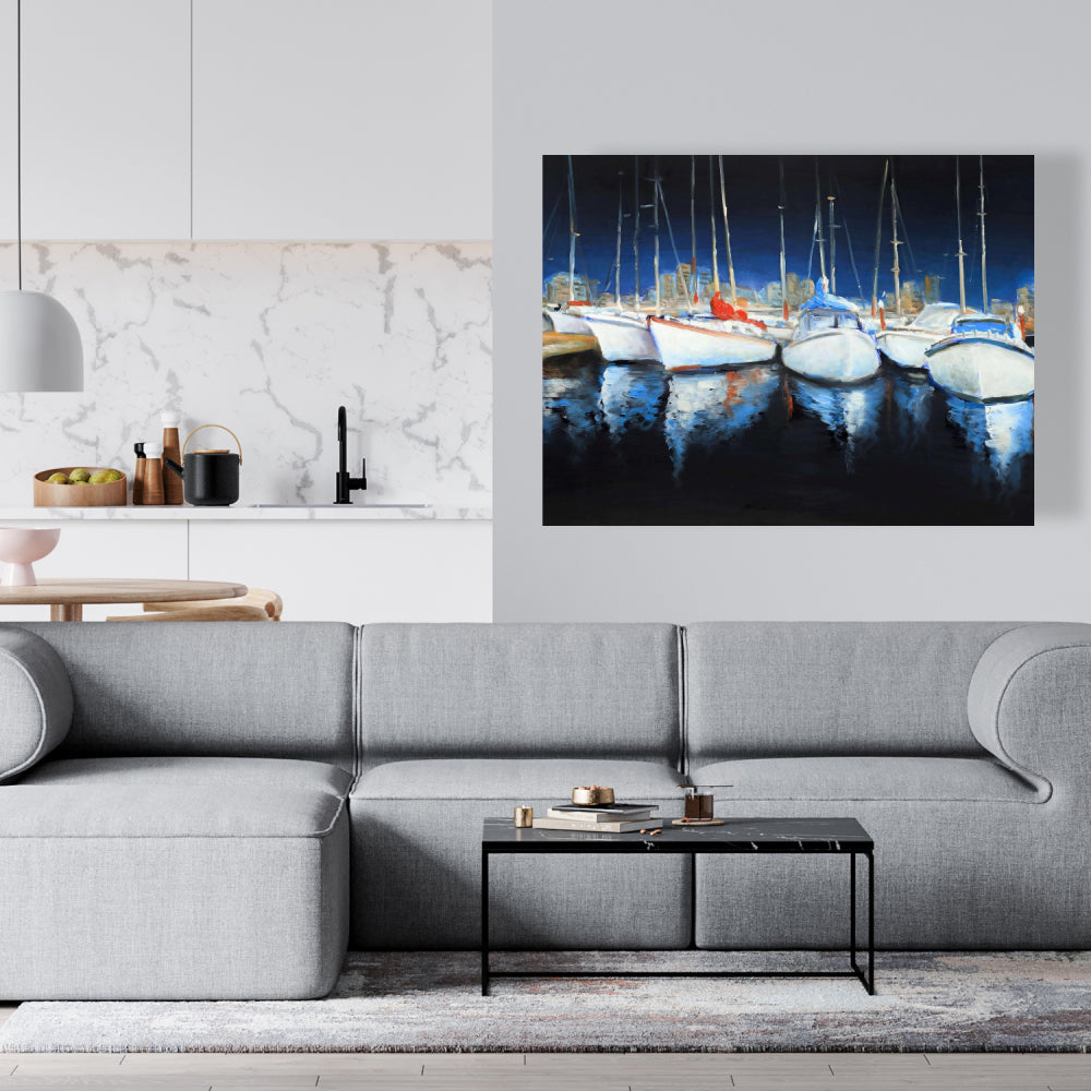 Evening at the Marina | Blue Bedroom Boat Canvas Home Decor