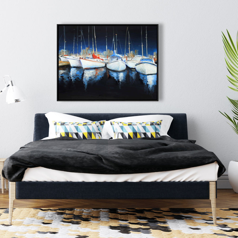Toile de chambre côtière bleue | Art encadré « Soirée à la marina »