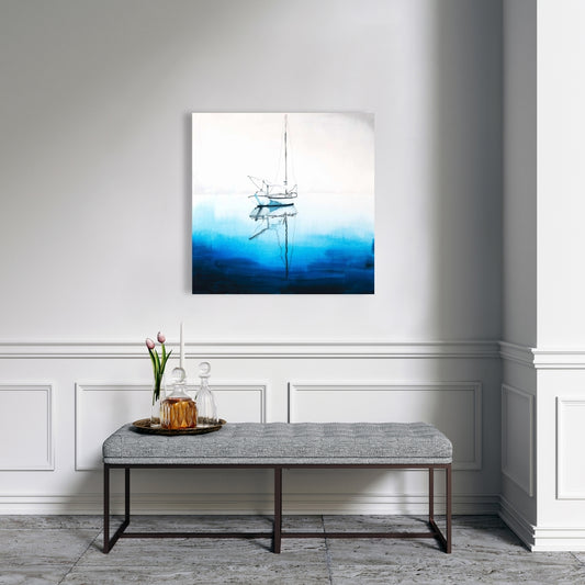 White Boat Canvas - Coastal Bedroom Decor | Deep Blue Water Art