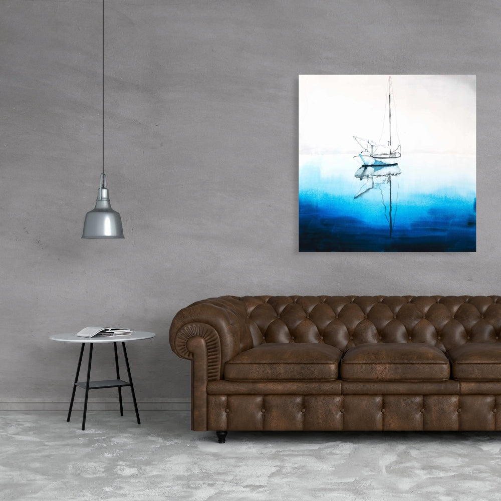 White Boat Canvas - Coastal Bedroom Decor | Deep Blue Water Art