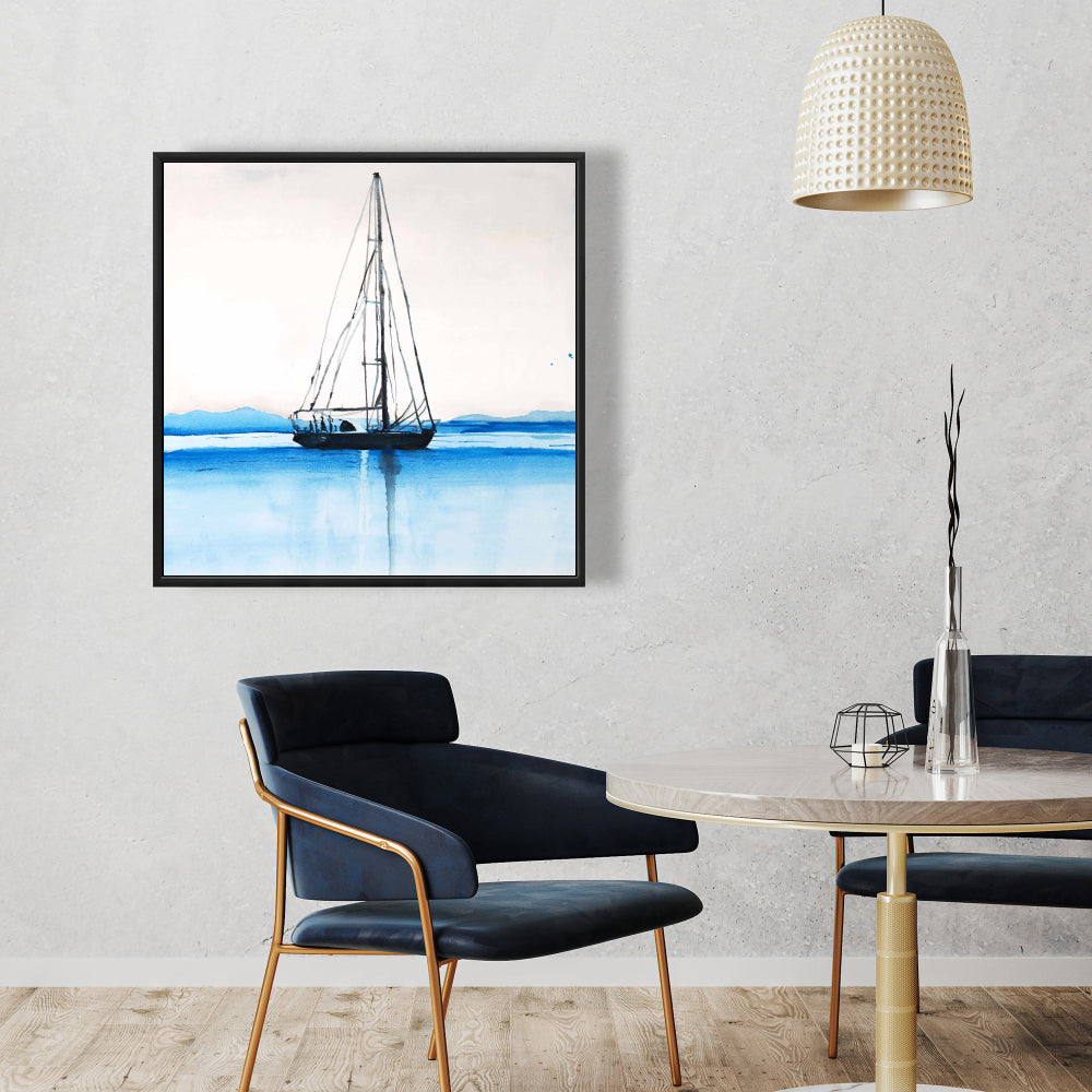 Voilier sur eau calme | Décoration sur toile encadrée pour chambre à coucher bleue