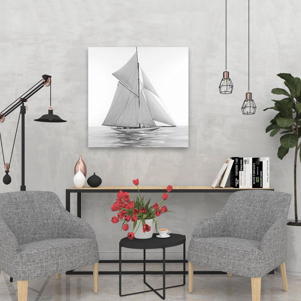 Toile monochrome représentant un voilier – Décoration d'intérieur côtière