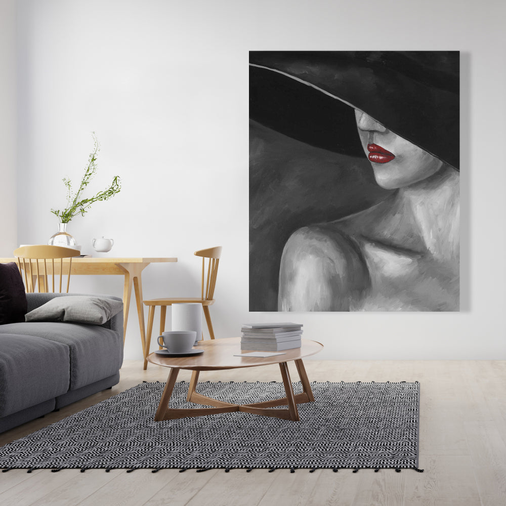 Femme mystérieuse au chapeau, toile grise | Décoration d'intérieur romantique