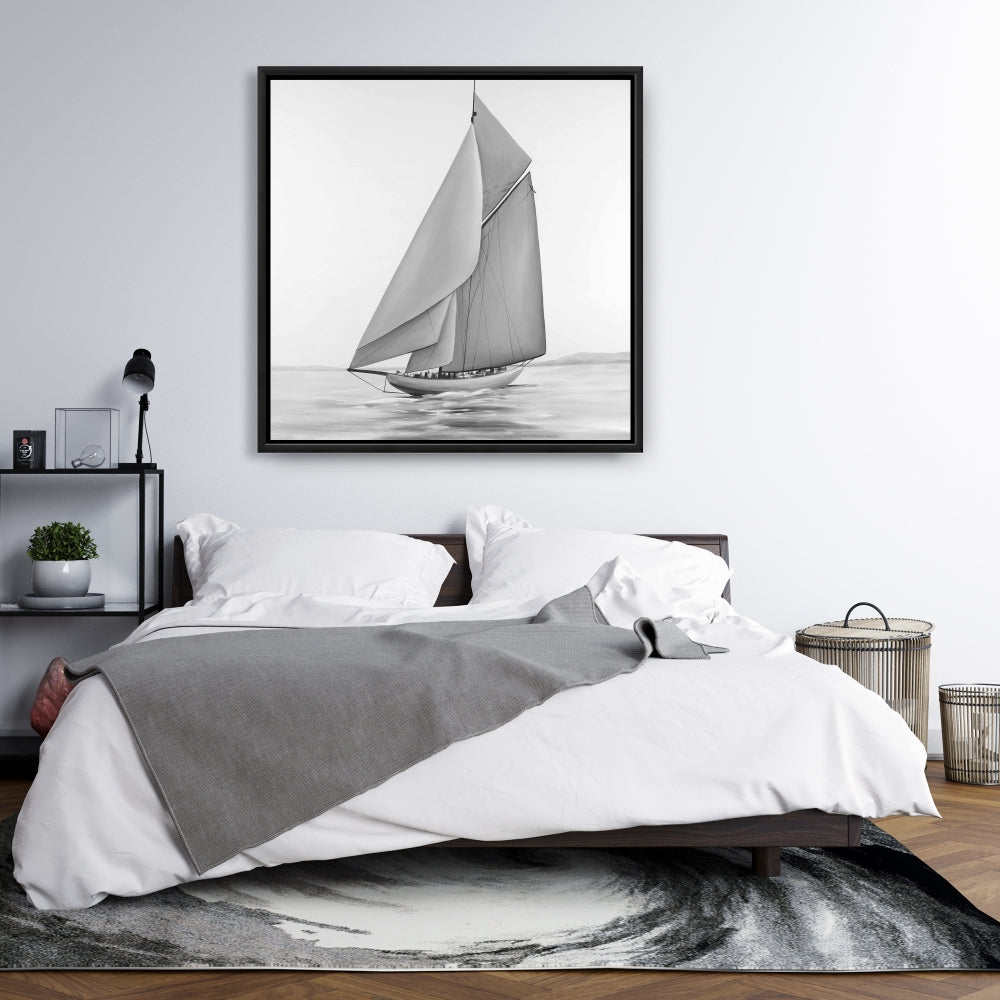 Toile vintage avec voilier | Cadre blanc monochrome