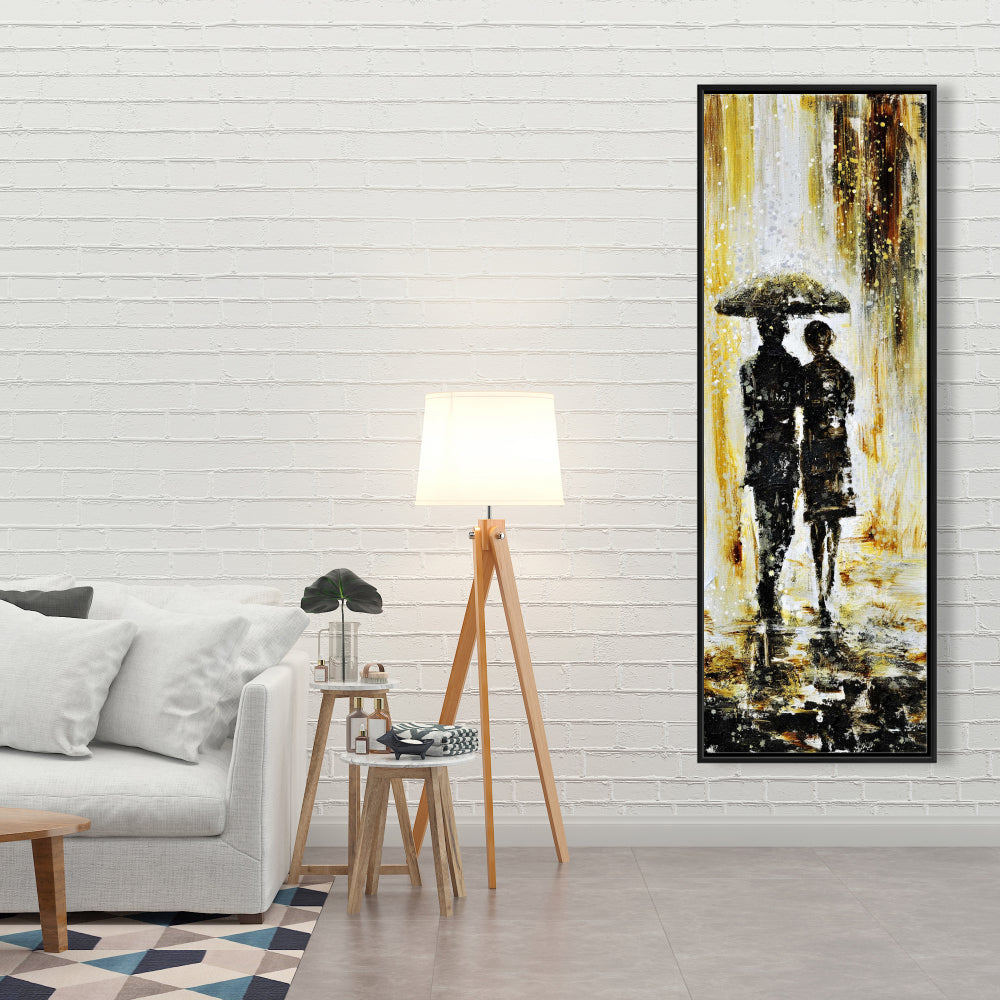 Décoration de chambre industrielle | Toile à cadre jaune | Couple sous la pluie