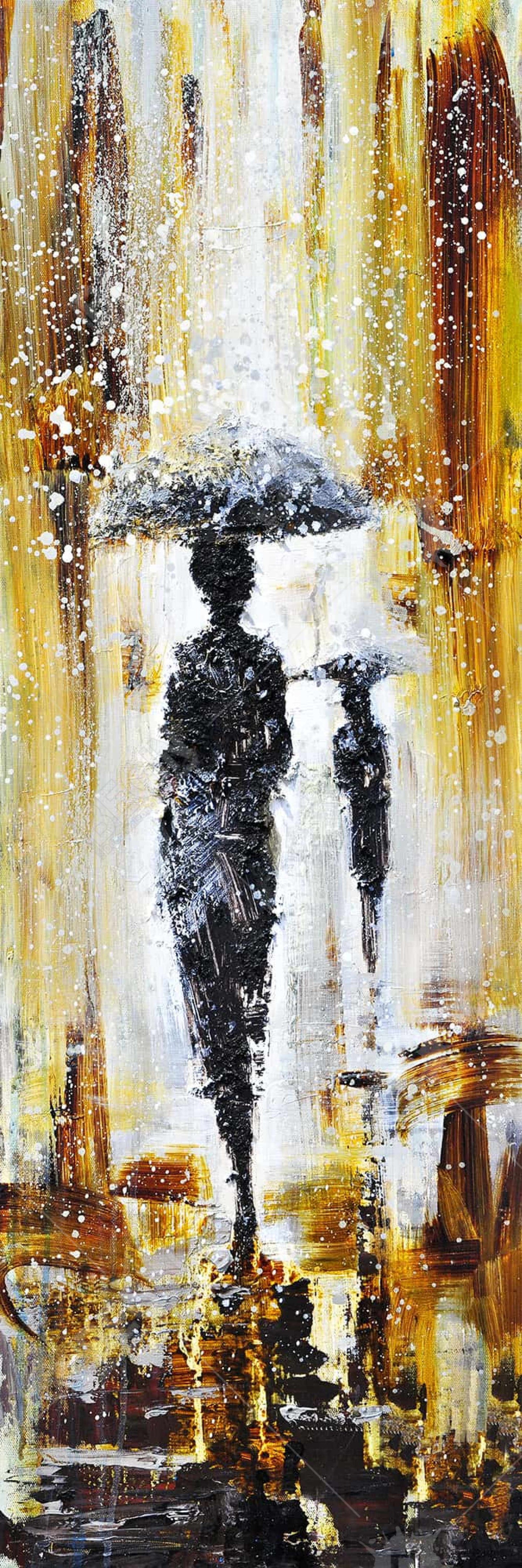 Toile Silhouettes sous la pluie – Cadre jaune pour décoration de chambre