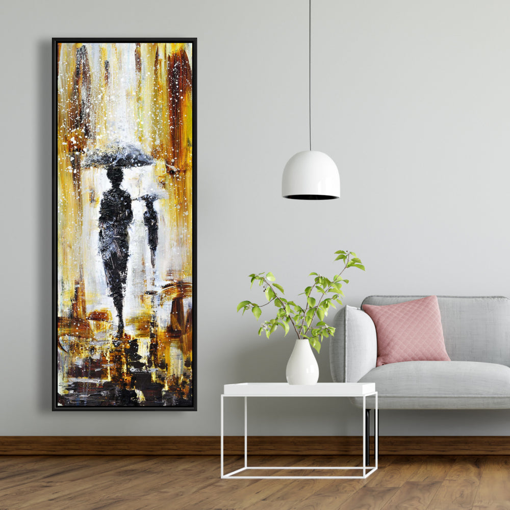 Toile Silhouettes sous la pluie – Cadre jaune pour décoration de chambre