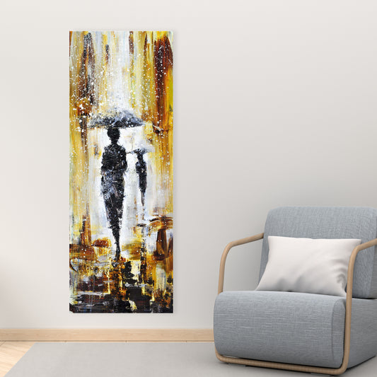 Toile « Silhouettes sous la pluie » | Décoration d'intérieur jaune