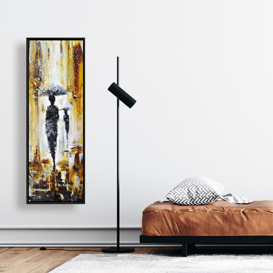 Toile Silhouettes sous la pluie – Cadre jaune pour décoration de chambre