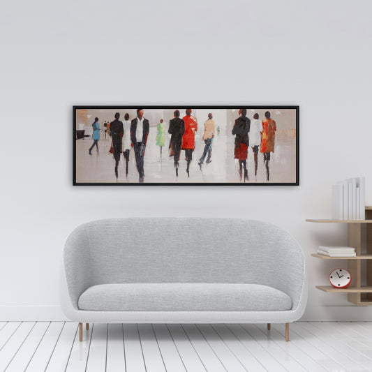 Toile encadrée grise contemporaine - Silhouettes dans la rue