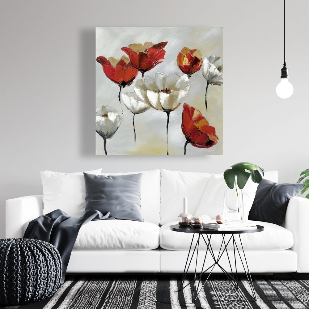 Toile abstraite à fleurs rouges et blanches - Décoration florale moderne pour la maison