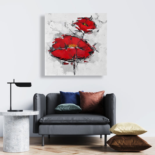 Toile texturée de coquelicots rouges – Art floral gris contemporain