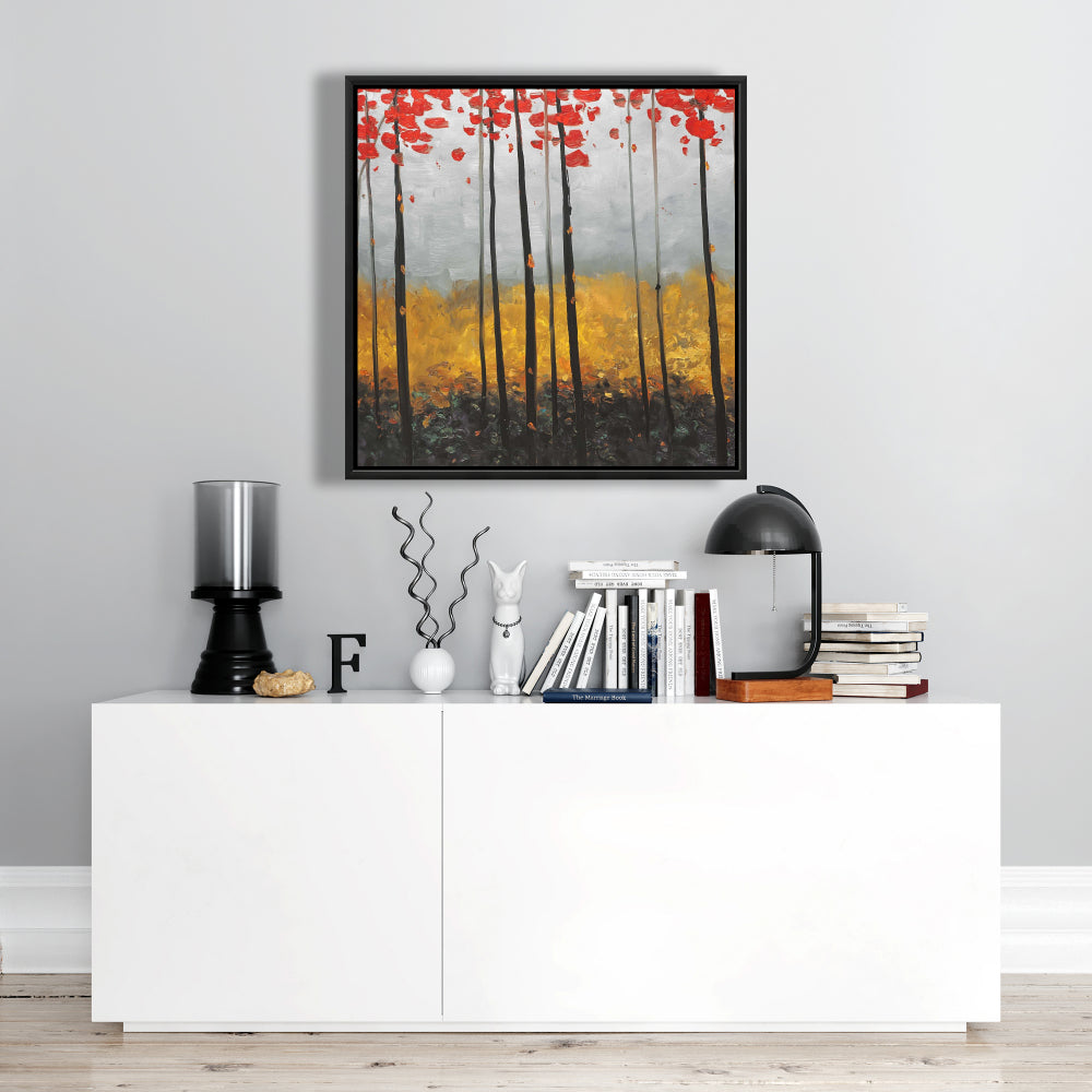 Toile abstraite avec arbres et paysage | Décoration de chambre encadrée grise