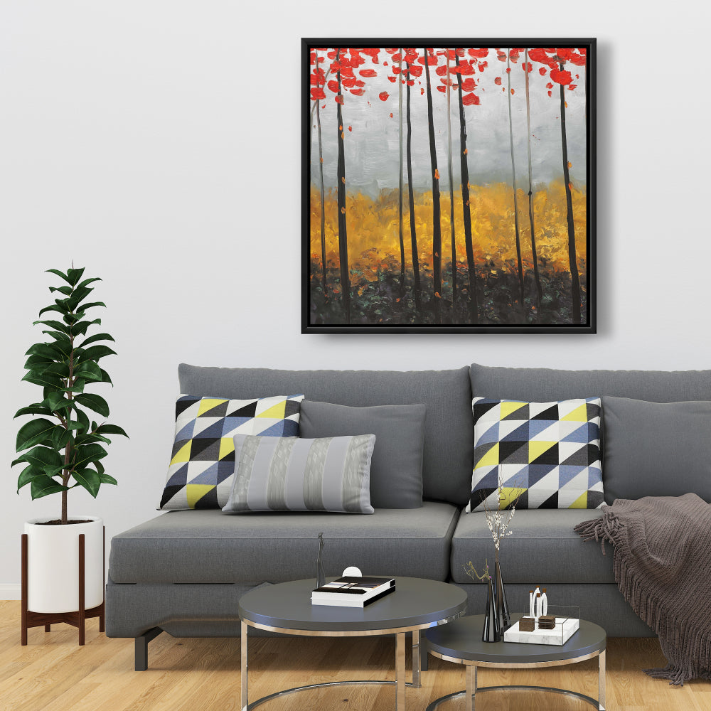 Toile abstraite avec arbres et paysage | Décoration de chambre encadrée grise