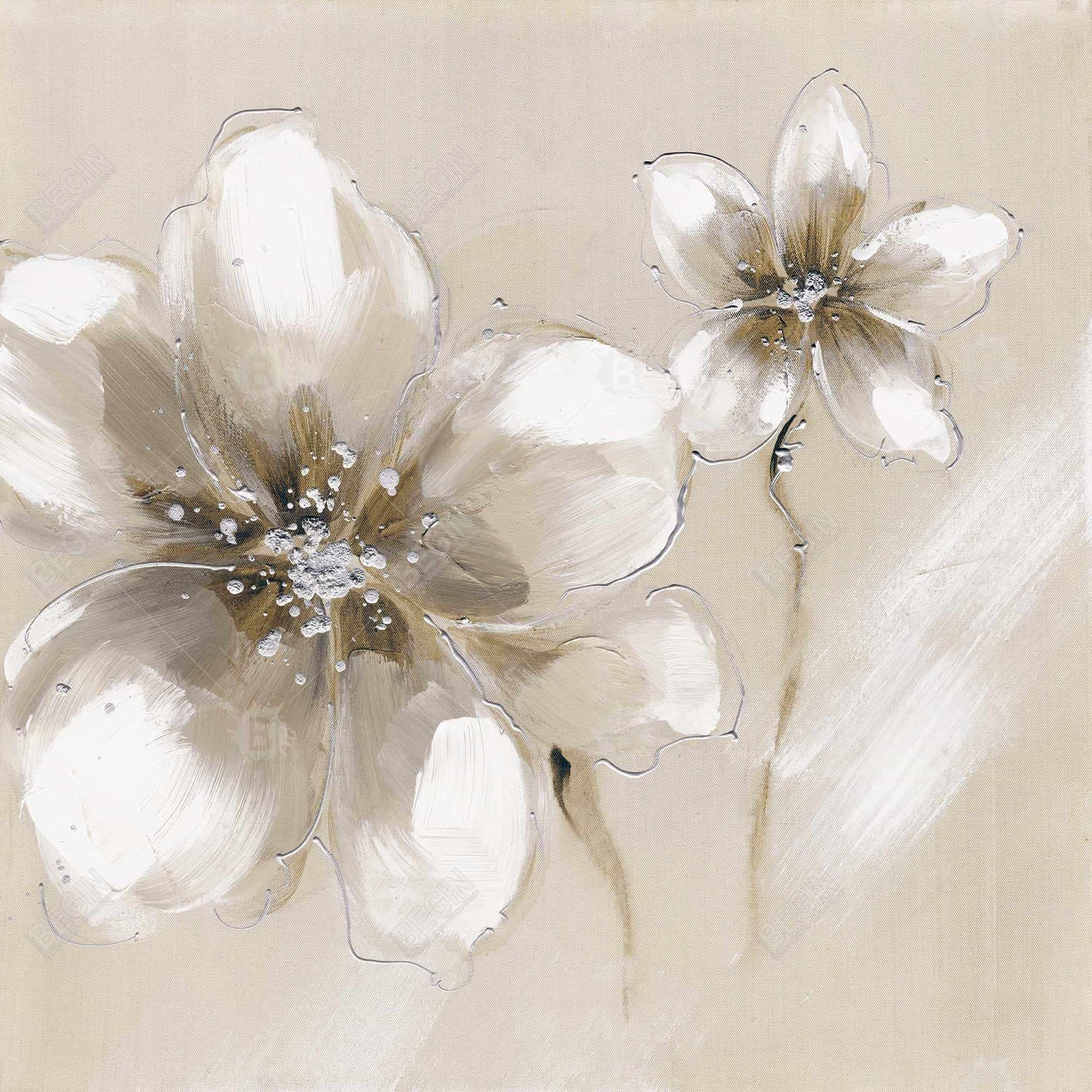 Botanical Silver Canvas - Two Cream Flowers | Home Decor Art